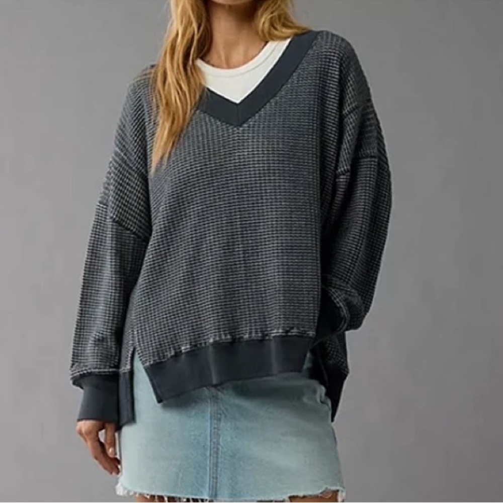 American Eagle AE Big Hug V Neck Waffle Knit Sweatshirt Navy Blue XS